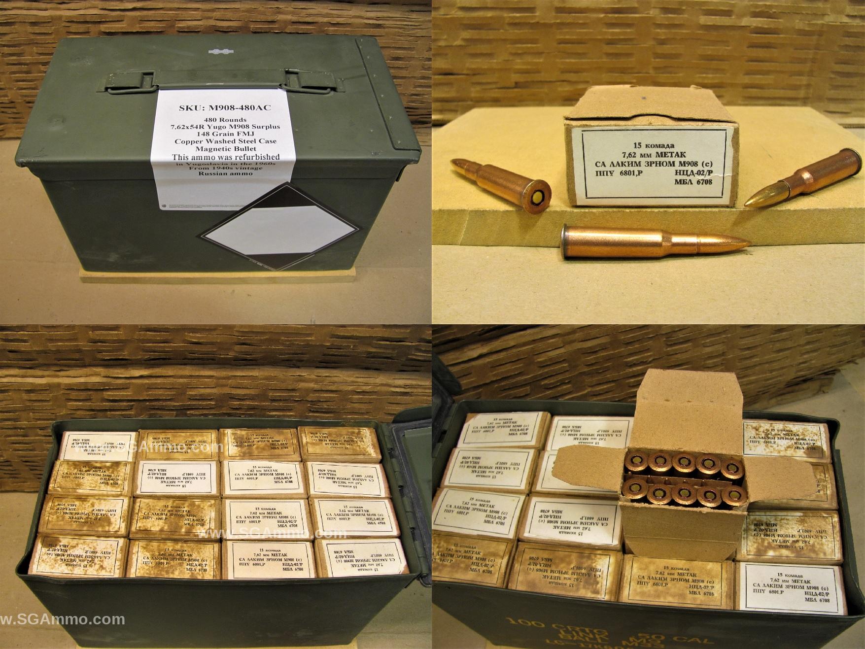 480 Round Can - 7.62x54R 148 Grain FMJ Yugo M908 Surplus Copper Washed Steel Case Ammo - Packed in Metal Canister